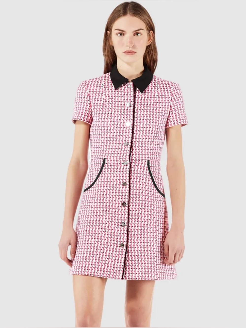 MAJE PINK TWEED COLLARED BUTTONED DRESS
